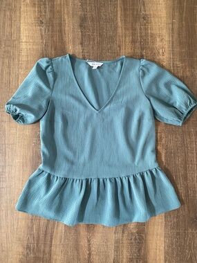 Nine West Teal V-Neck Peplum Blouse Puff Sleeves